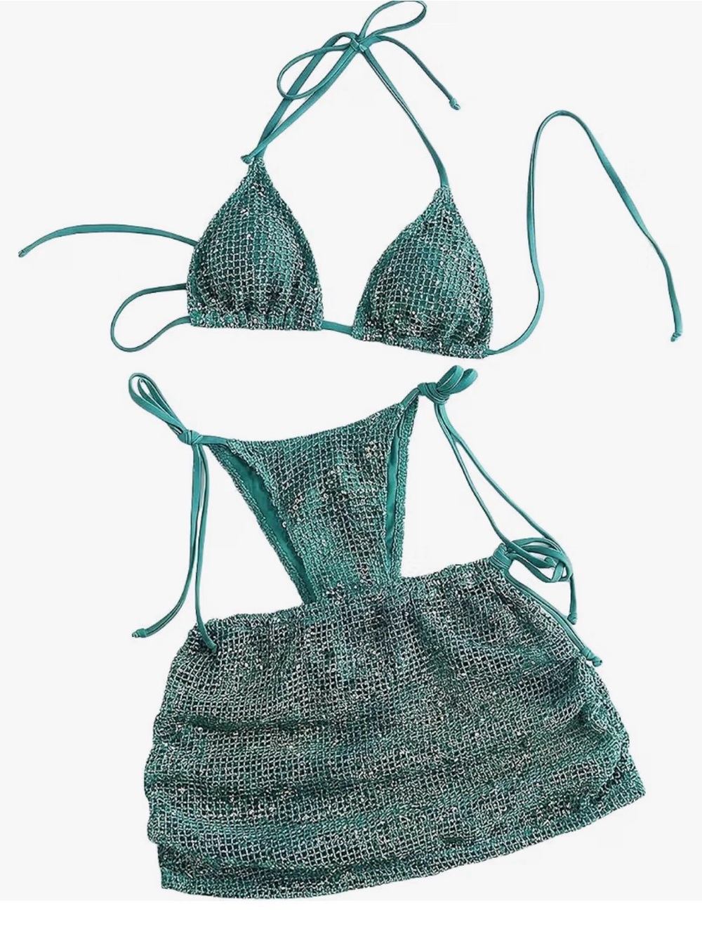 Teal Crochet Triangle Bikini Set with Cover-Up